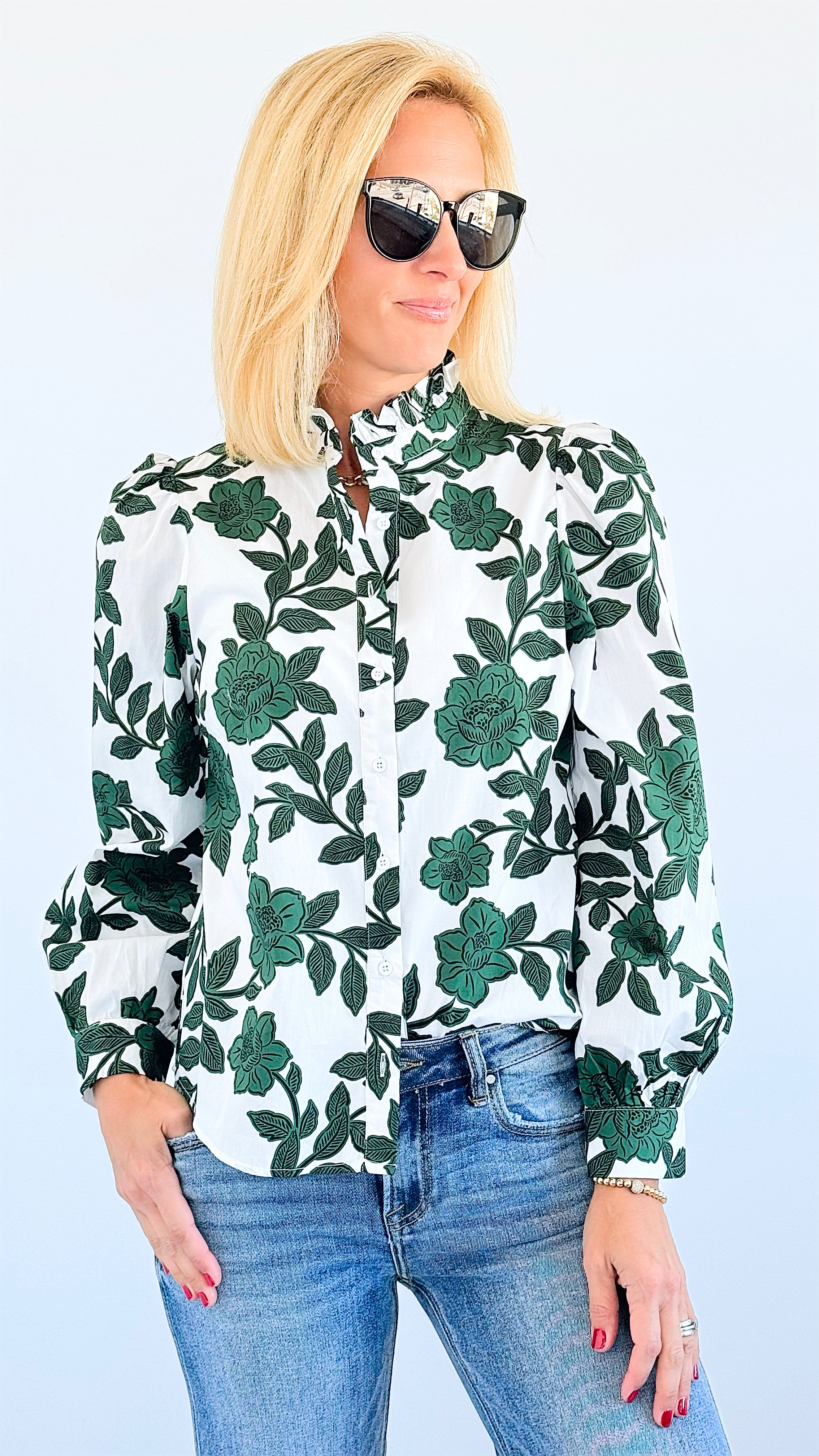 Botanical Chic Ruffle Blouse-130 Long Sleeve Tops-SUGARLIPS-Coastal Bloom Boutique, find the trendiest versions of the popular styles and looks Located in Indialantic, FL