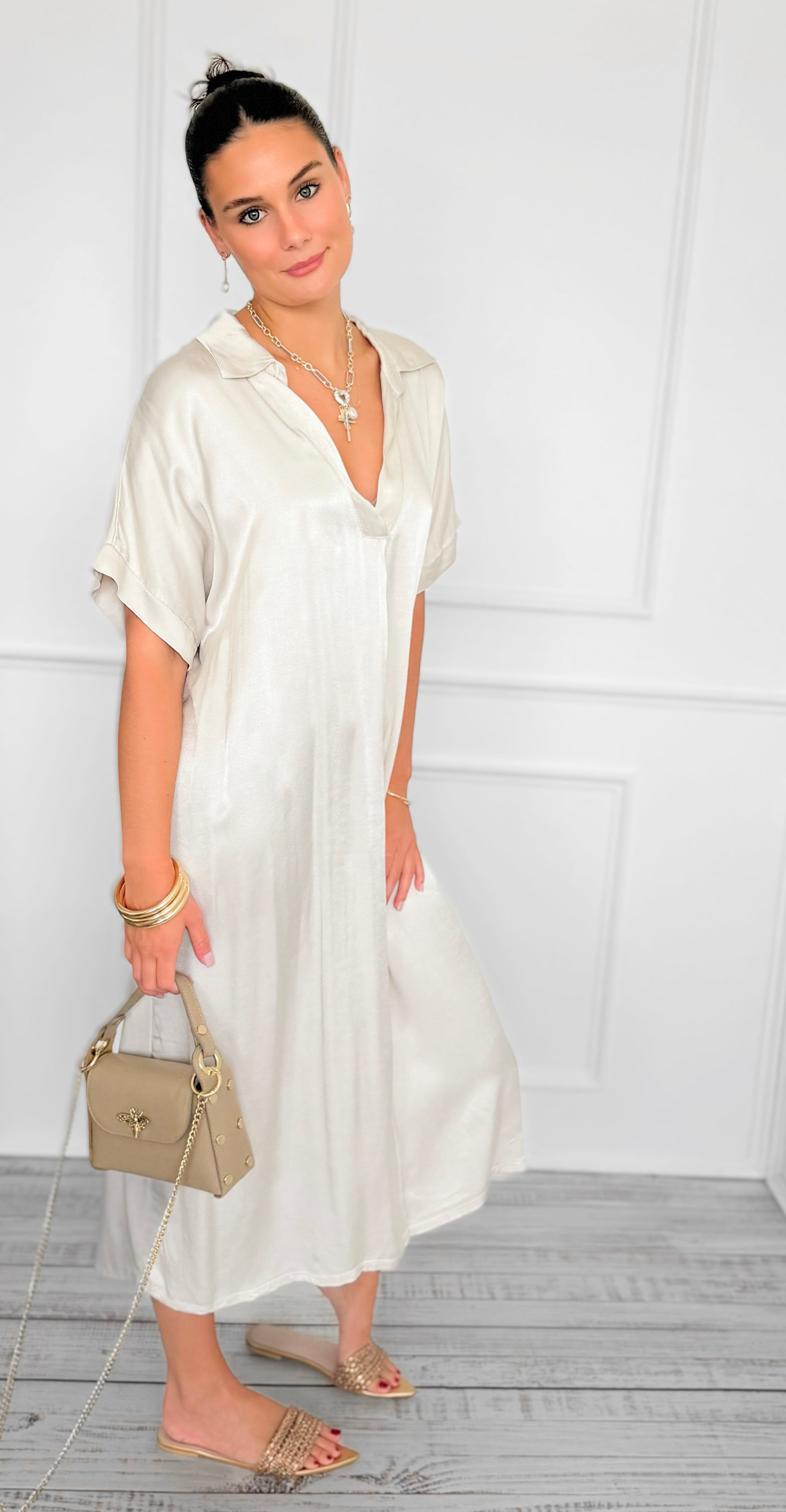 Satin Luxe Italian Long Dress- Oyster-200 Dresses/Jumpsuits/Rompers-Italianissimo-Coastal Bloom Boutique, find the trendiest versions of the popular styles and looks Located in Indialantic, FL