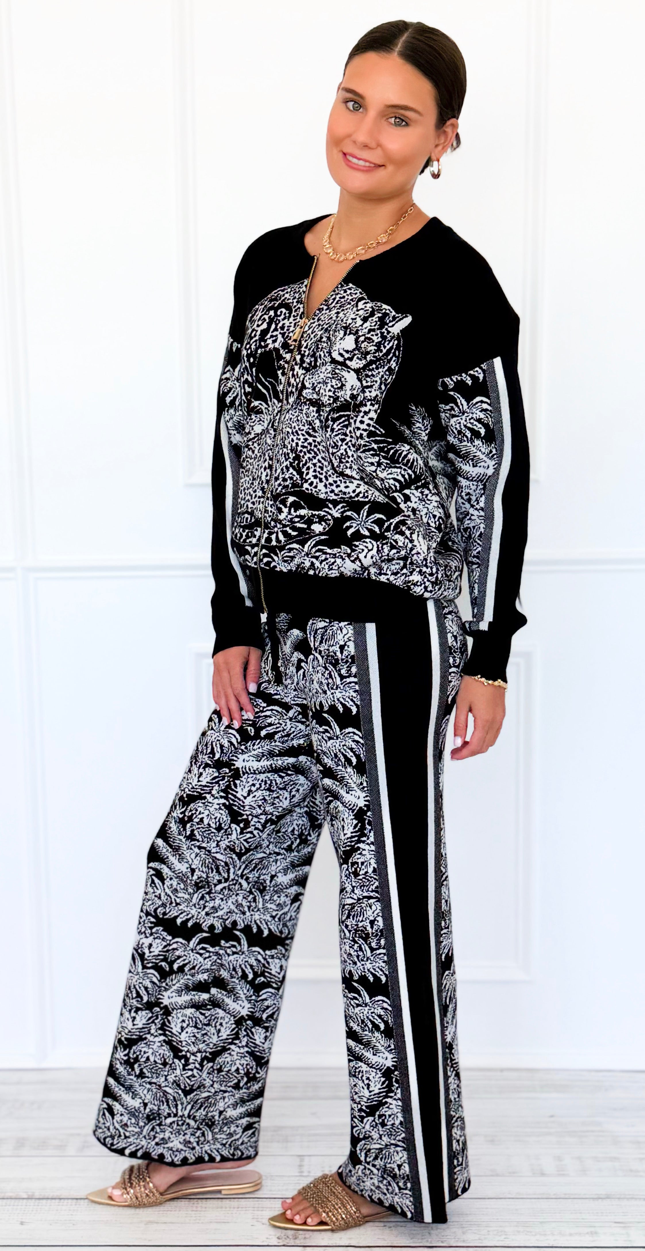 Elegant Jungle Italian Zip- Up Set- Black-210 Loungewear/Sets-K2-Coastal Bloom Boutique, find the trendiest versions of the popular styles and looks Located in Indialantic, FL