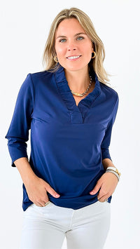 Tabatha Ruffle Neck Top - Navy-130 Long Sleeve Tops-ARYEH-Coastal Bloom Boutique, find the trendiest versions of the popular styles and looks Located in Indialantic, FL