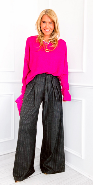Elegance Pinstripe Bow Italian Pant- Charcoal