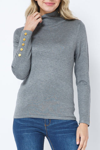 Ribbed Turtle Neck Long Sleeve Top w/ Embellished Shoulder - Heather Gray