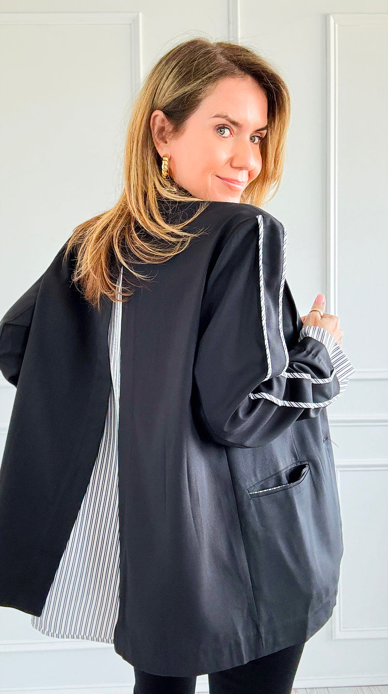 Contrast Striped Blazer - Black-160 Jackets-Joh Apparel-Coastal Bloom Boutique, find the trendiest versions of the popular styles and looks Located in Indialantic, FL