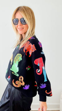 Walk About The Zoo Queen of Sparkles Sweatshirt - Black-130 Long Sleeve Tops-Queen of Sparkles-Coastal Bloom Boutique, find the trendiest versions of the popular styles and looks Located in Indialantic, FL