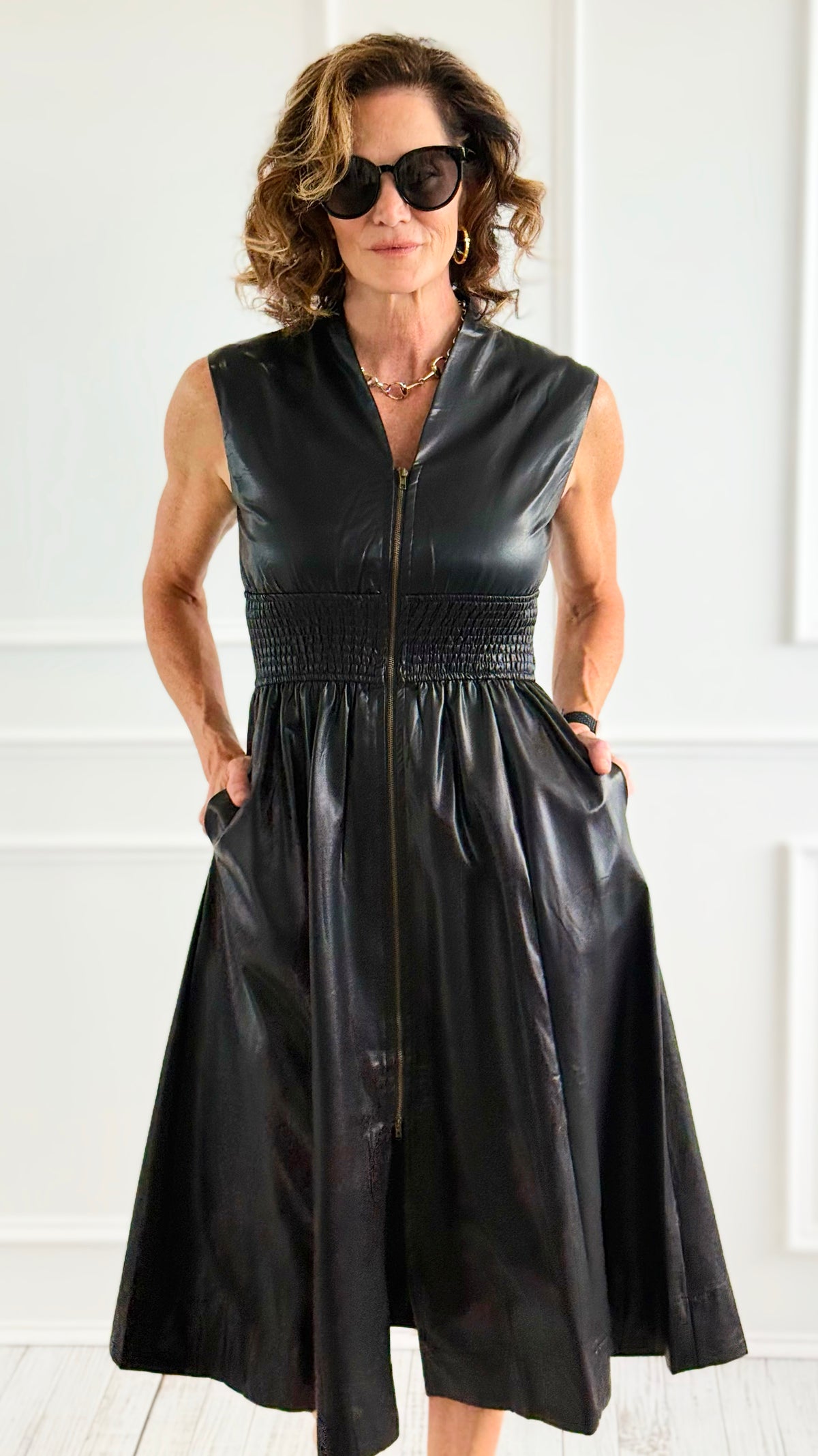 Power Play Faux Leather Midi Dress-200 Dresses/Jumpsuits/Rompers-entro-Coastal Bloom Boutique, find the trendiest versions of the popular styles and looks Located in Indialantic, FL