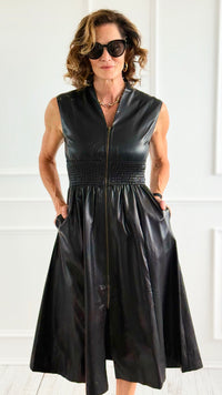 Power Play Faux Leather Midi Dress-200 Dresses/Jumpsuits/Rompers-entro-Coastal Bloom Boutique, find the trendiest versions of the popular styles and looks Located in Indialantic, FL