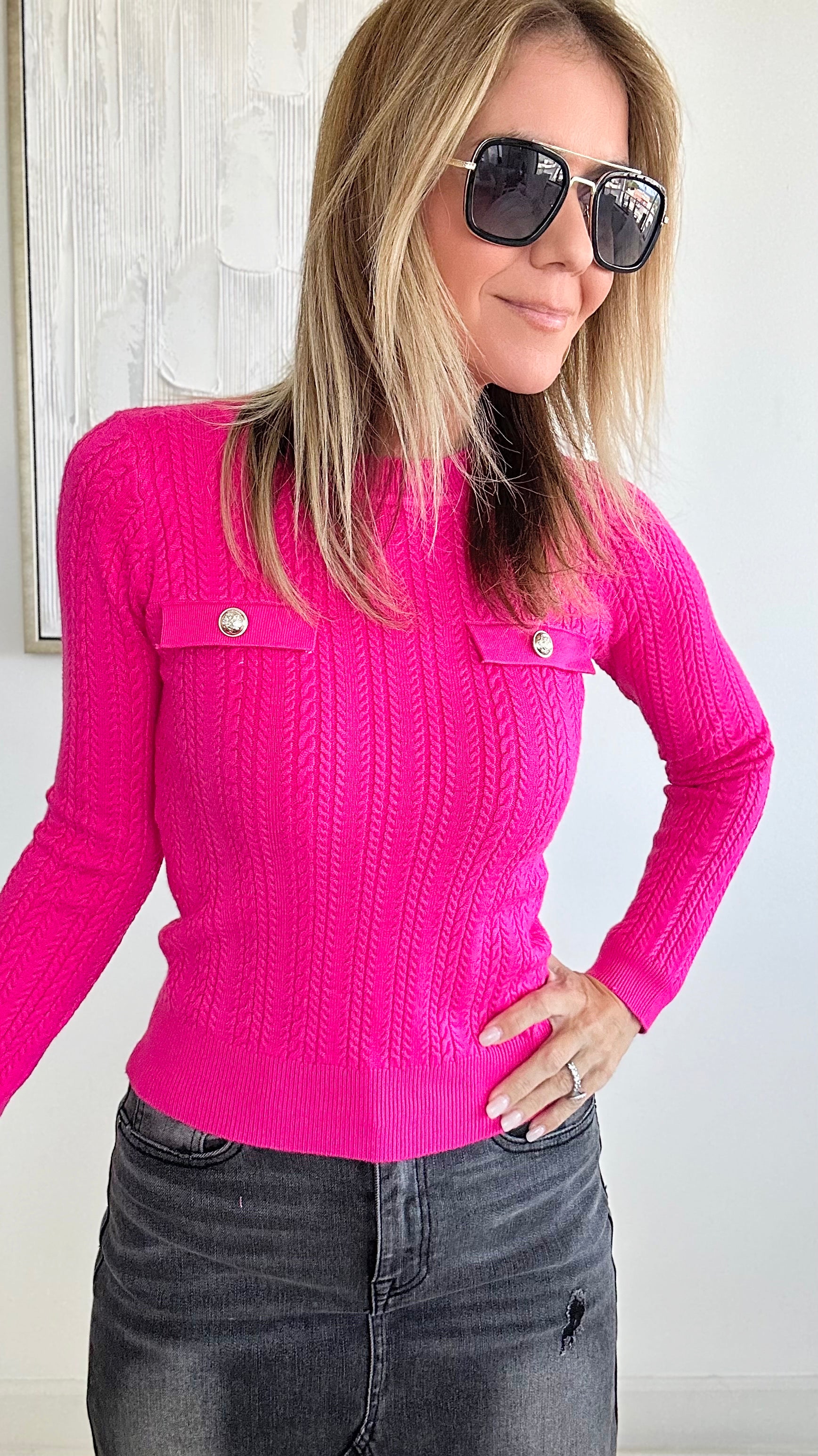 Cable Knit Elegant Top - Hot Pink-140 Sweaters-HIGH MJ-Coastal Bloom Boutique, find the trendiest versions of the popular styles and looks Located in Indialantic, FL
