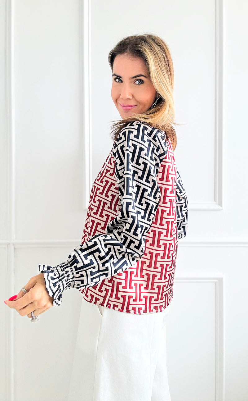 Ruffle V-neck Printed Blouse-130 Long Sleeve Tops-THML-Coastal Bloom Boutique, find the trendiest versions of the popular styles and looks Located in Indialantic, FL