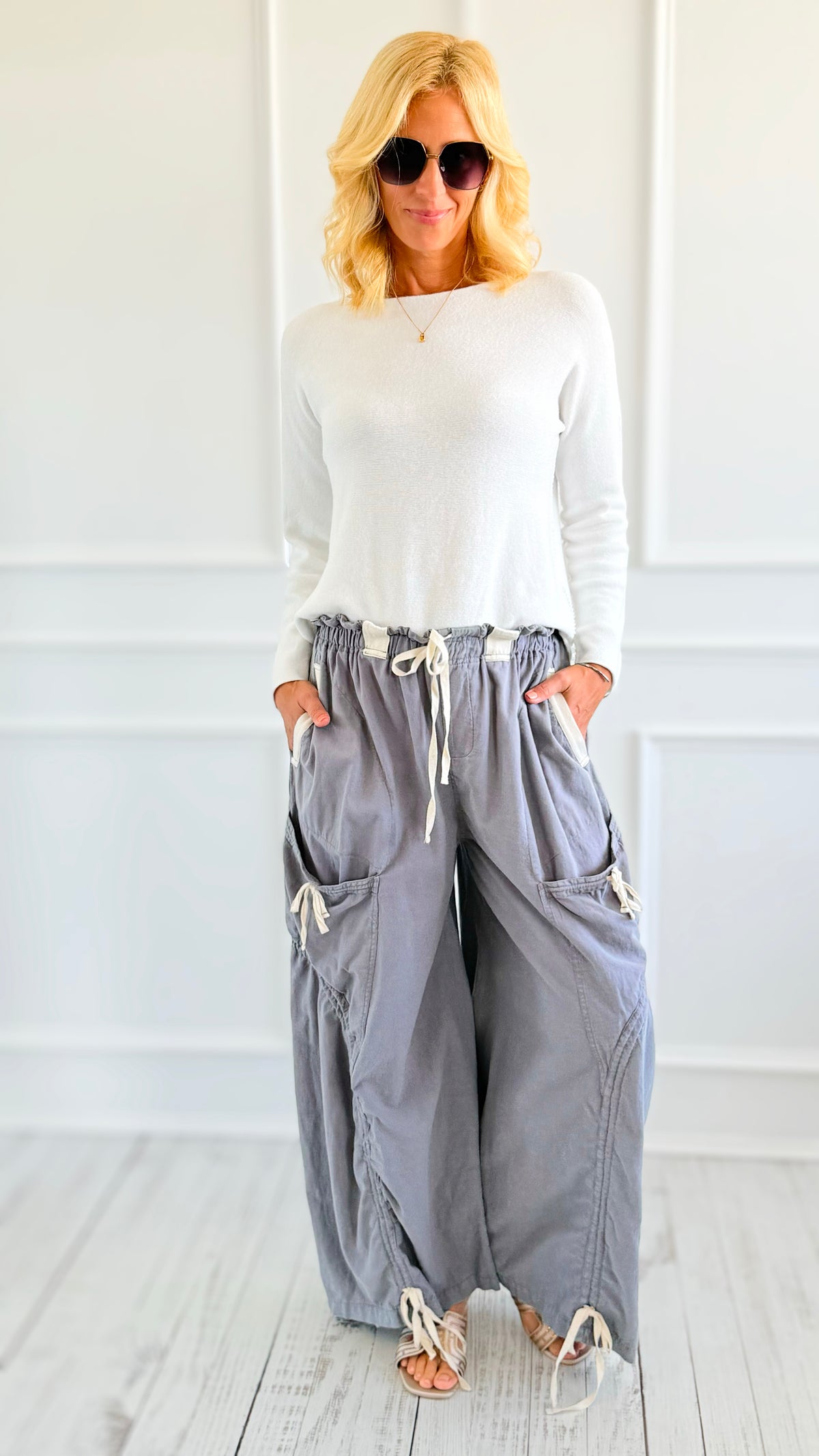 Wide-Leg Drawstring Cotton Pants -Blue Grey-170 Bottoms-Blue Velvet-Coastal Bloom Boutique, find the trendiest versions of the popular styles and looks Located in Indialantic, FL