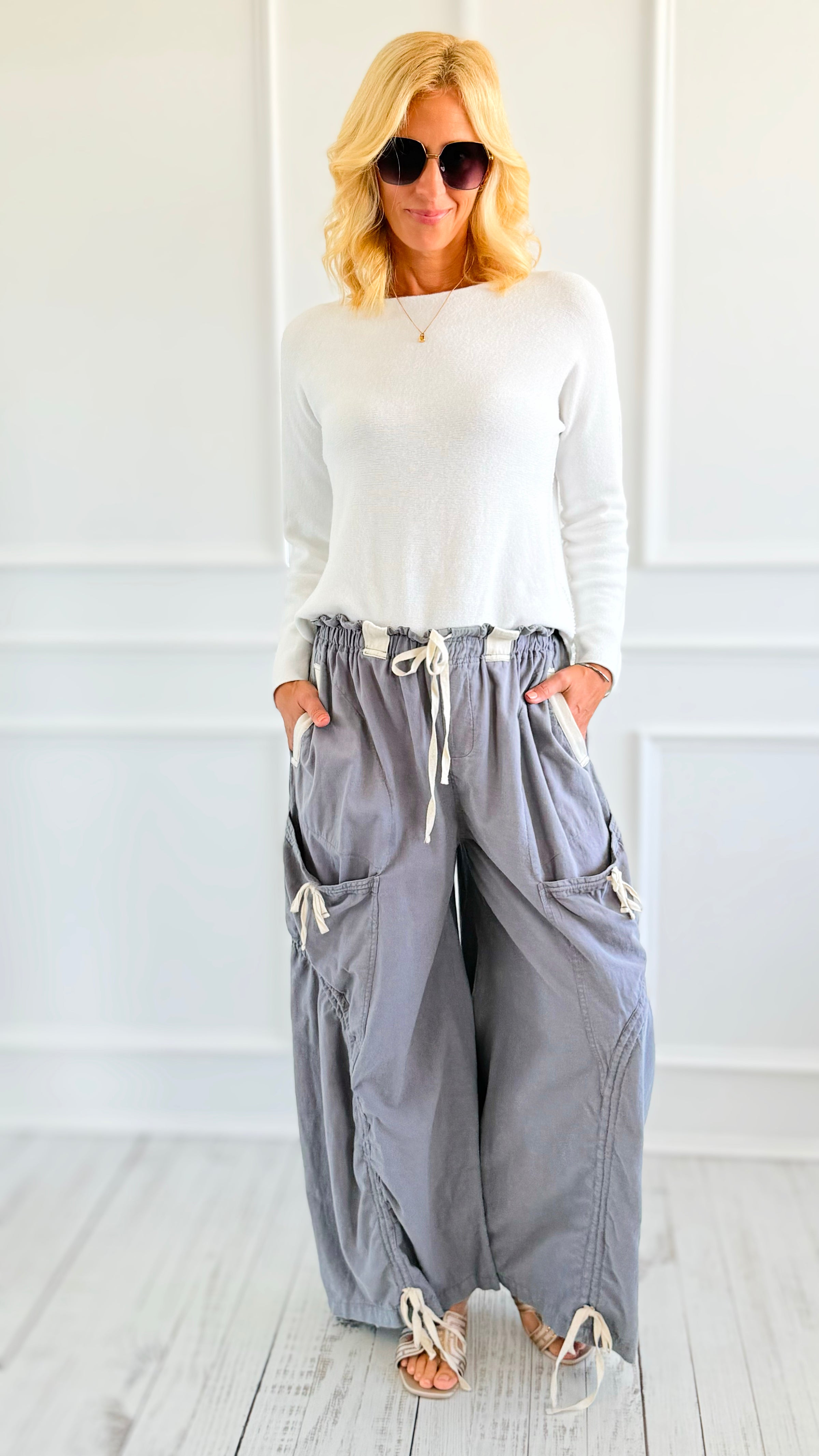 Wide-Leg Drawstring Cotton Pants -Blue Grey-170 Bottoms-Blue Velvet-Coastal Bloom Boutique, find the trendiest versions of the popular styles and looks Located in Indialantic, FL