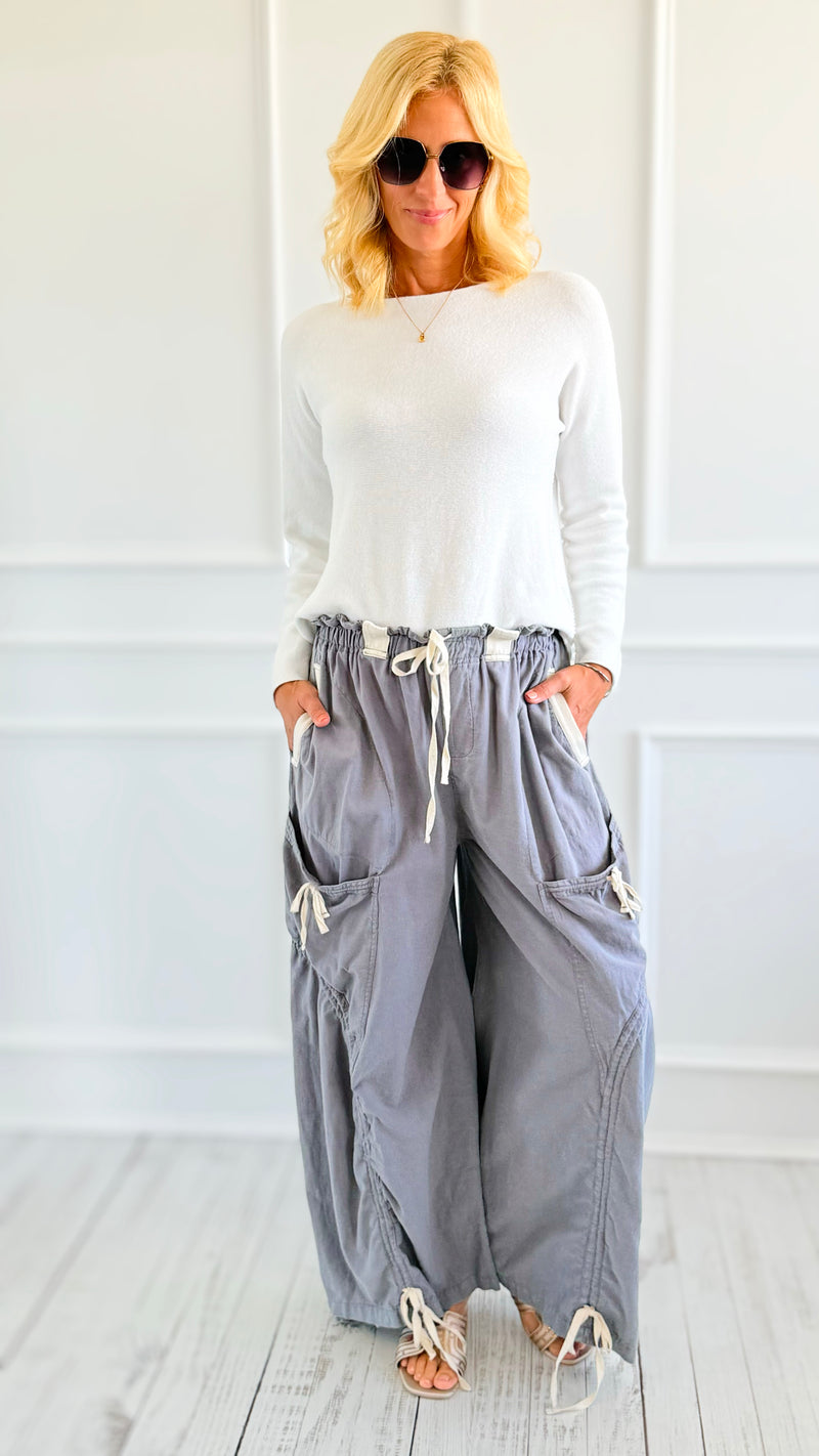 Wide-Leg Drawstring Cotton Pants -Blue Grey-170 Bottoms-Blue Velvet-Coastal Bloom Boutique, find the trendiest versions of the popular styles and looks Located in Indialantic, FL