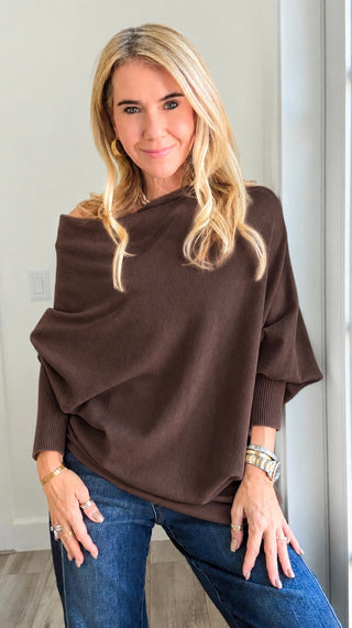 Relaxed Cowl Neck Ribbed Cuff Italian Sweater - Brown