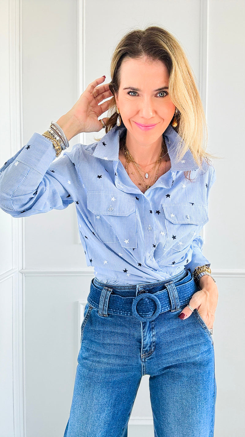 Starlit Stripes Button-Down Top-130 Long Sleeve Tops-Vine & Love-Coastal Bloom Boutique, find the trendiest versions of the popular styles and looks Located in Indialantic, FL