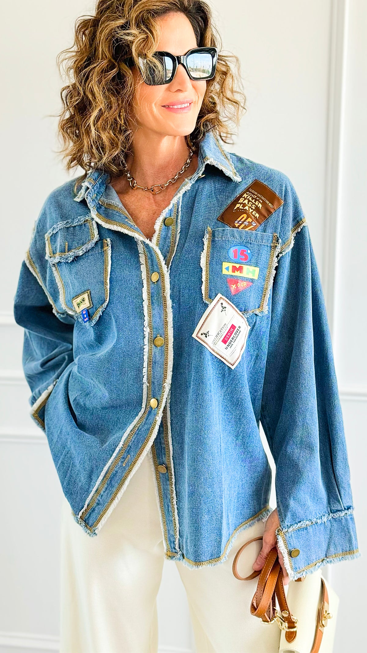Distressed Pop Denim Top-130 Long Sleeve Tops-Weilco-Coastal Bloom Boutique, find the trendiest versions of the popular styles and looks Located in Indialantic, FL