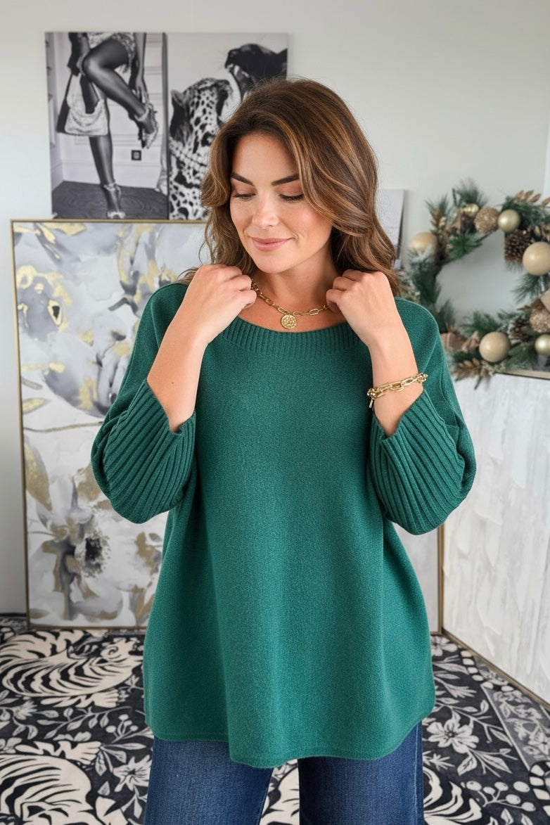 Break Free Round - Neck 3/4 Sleeve Italian Sweater Top - Evergreen-140 Sweaters-J.D. PRONTO MODA-Coastal Bloom Boutique, find the trendiest versions of the popular styles and looks Located in Indialantic, FL
