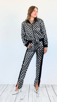 Checkered Sequin Jacket and Pants Set -Silver-210 Loungewear/Sets-Rousseau-Coastal Bloom Boutique, find the trendiest versions of the popular styles and looks Located in Indialantic, FL