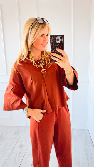 Soft Structure Button Front Italian Top- Rust