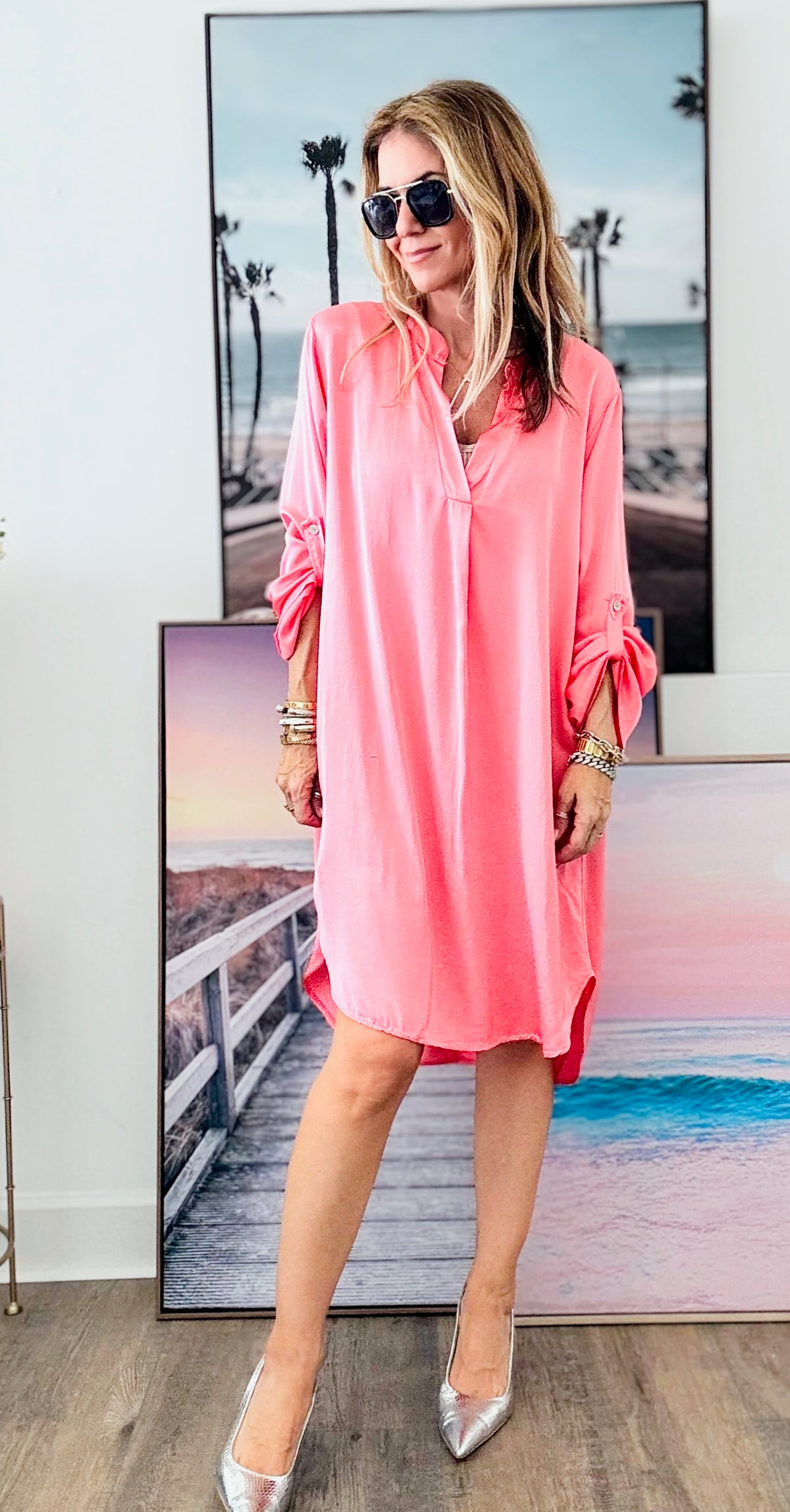 Satin V-Neck Italian Dress - Coral-200 Dresses/Jumpsuits/Rompers-Germany-Coastal Bloom Boutique, find the trendiest versions of the popular styles and looks Located in Indialantic, FL