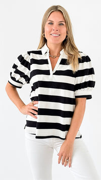 Striped Puff Sleeve Polo Top-110 Short Sleeve Tops-Jodifl-Coastal Bloom Boutique, find the trendiest versions of the popular styles and looks Located in Indialantic, FL