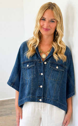Washed Cropped Denim Jacket - Dark