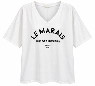 Parisian Daydream V-Neck Italian Graphic Tee- White/ Black