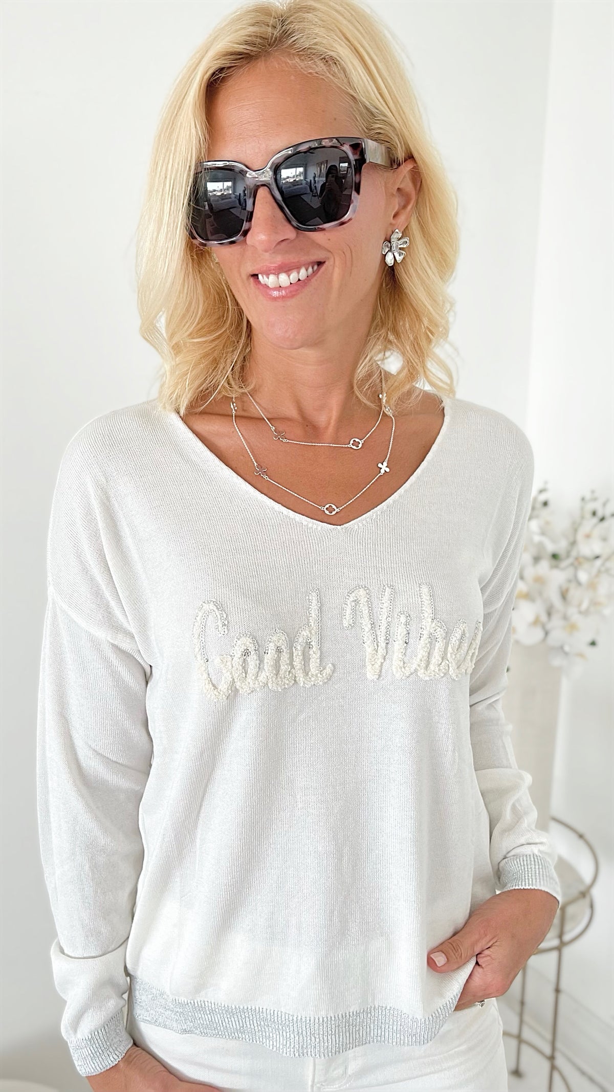 Good Vibes Italian Fuzzy Sweater - White-140 Sweaters-Venti6 Outlet-Coastal Bloom Boutique, find the trendiest versions of the popular styles and looks Located in Indialantic, FL