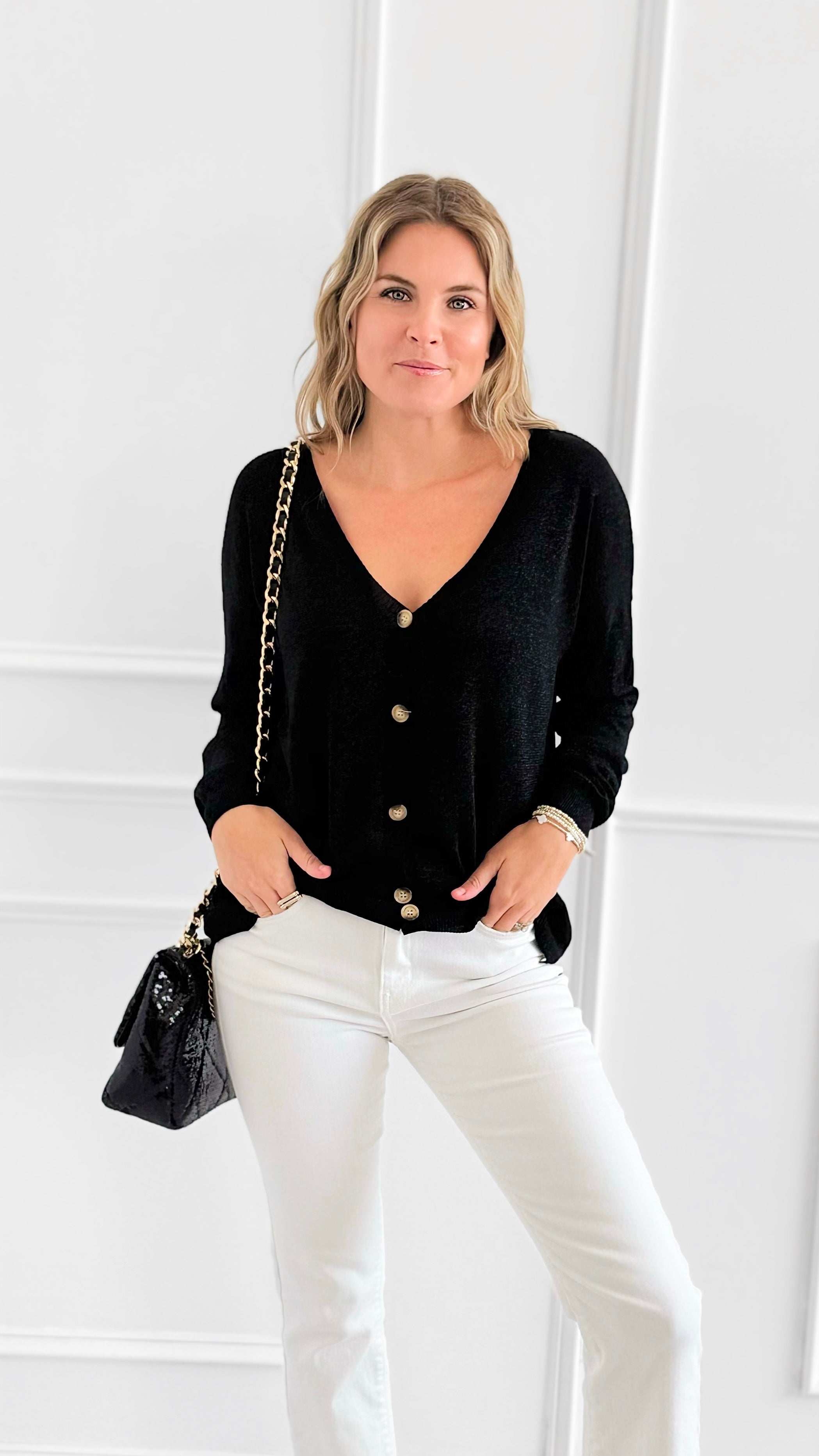 Lurex Aura Italian Cardigan-Black-150 Cardigans/Layers-LY PARIS-Coastal Bloom Boutique, find the trendiest versions of the popular styles and looks Located in Indialantic, FL