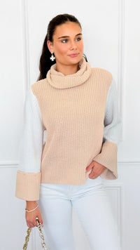 Two-Tone Turtleneck Flare Sleeve Sweater-140 Sweaters-ROUSSEAU-Coastal Bloom Boutique, find the trendiest versions of the popular styles and looks Located in Indialantic, FL