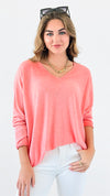 Relaxed Recoleta Lurex Trim Italian Top - Coral-130 Long Sleeve Tops-Italianissimo-Coastal Bloom Boutique, find the trendiest versions of the popular styles and looks Located in Indialantic, FL