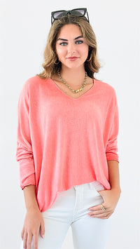 Relaxed Recoleta Lurex Trim Italian Top - Coral-130 Long Sleeve Tops-Italianissimo-Coastal Bloom Boutique, find the trendiest versions of the popular styles and looks Located in Indialantic, FL