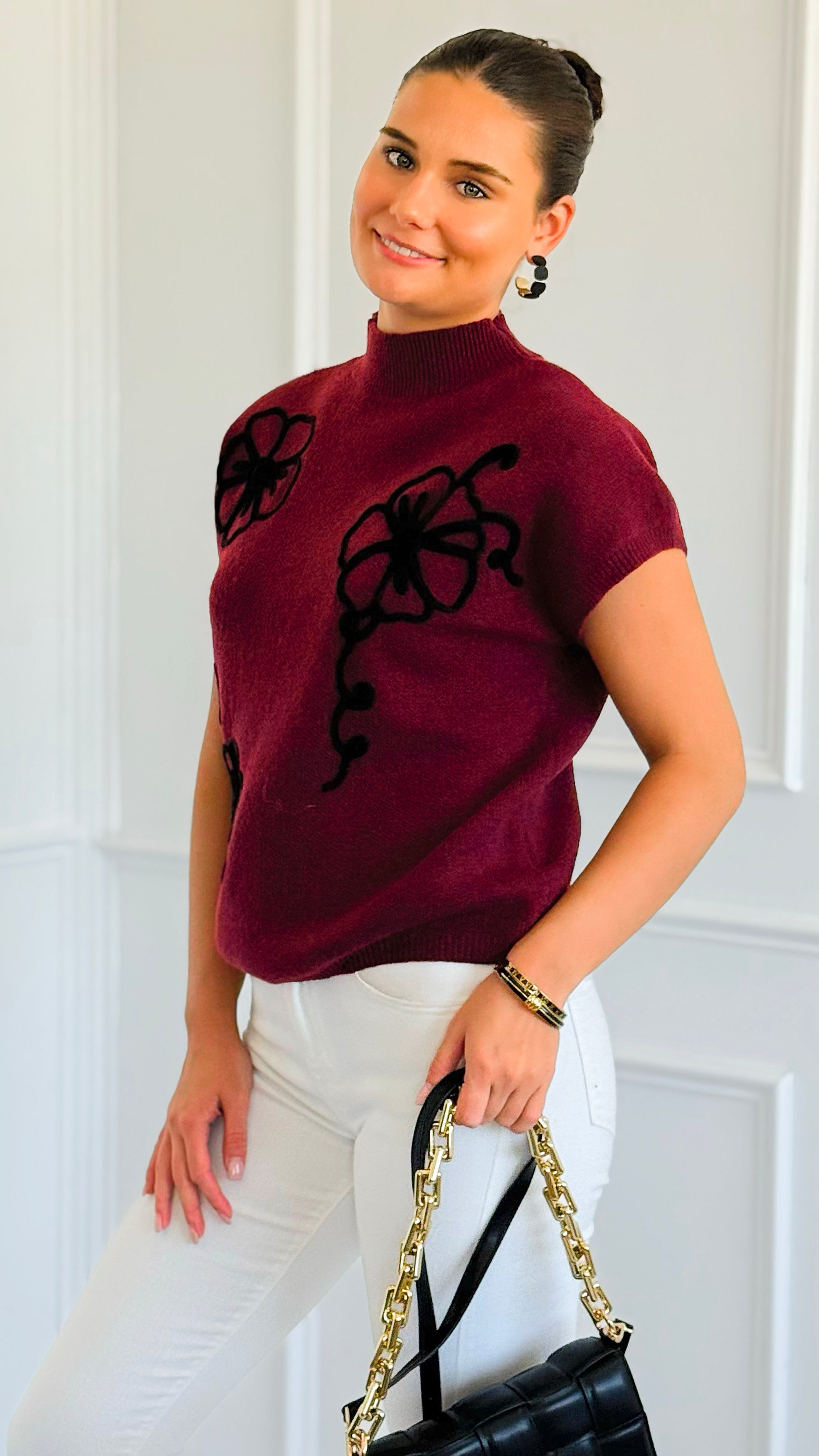 Floral Trim Knit Sleeveless Sweater - Burgundy-140 Sweaters-Blu Pepper-Coastal Bloom Boutique, find the trendiest versions of the popular styles and looks Located in Indialantic, FL