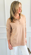 Polished Collar Knit Polo Top - Taupe-130 Long Sleeve Tops-ROUSSEAU-Coastal Bloom Boutique, find the trendiest versions of the popular styles and looks Located in Indialantic, FL