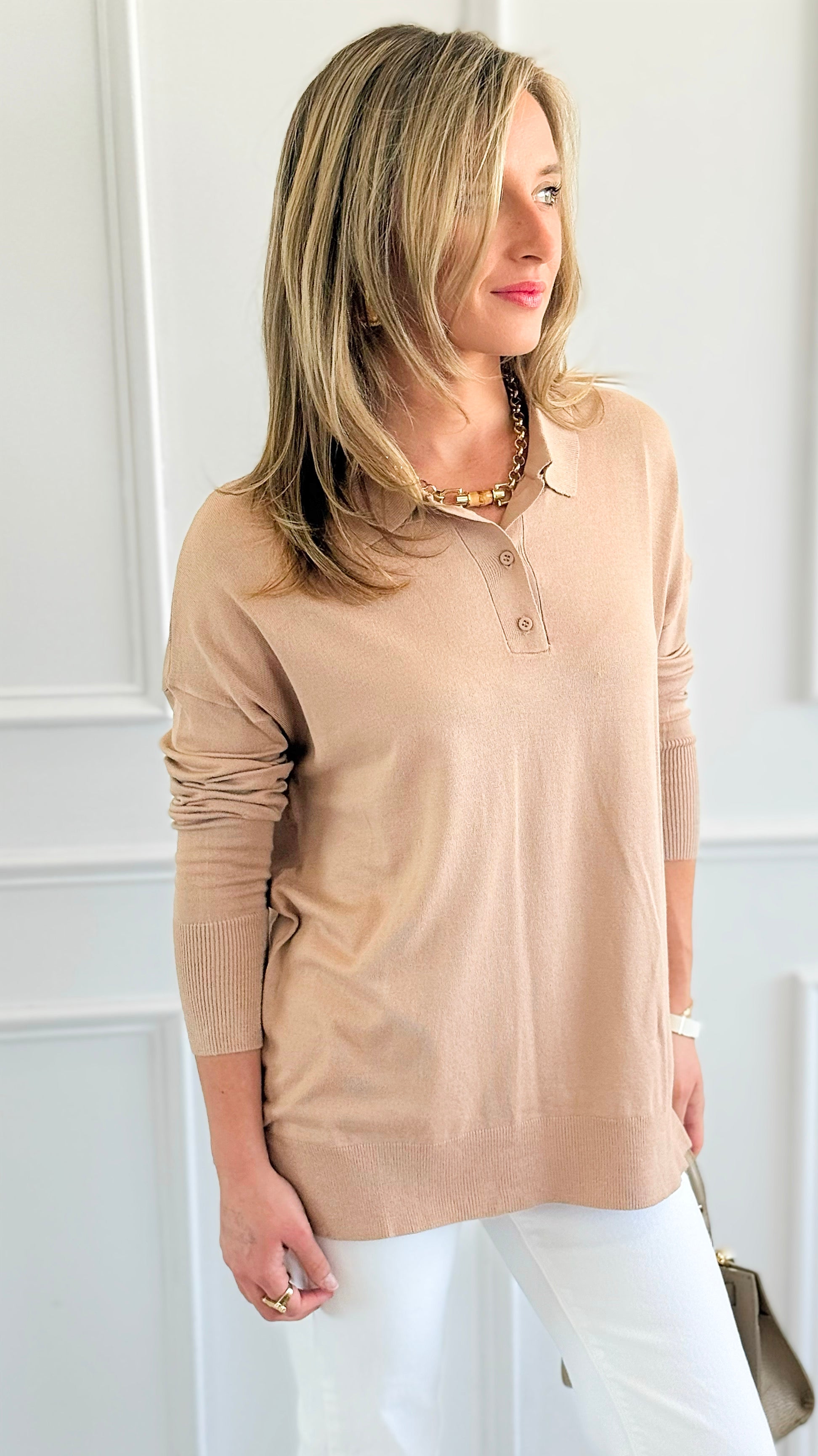 Polished Collar Knit Polo Top - Taupe-130 Long Sleeve Tops-ROUSSEAU-Coastal Bloom Boutique, find the trendiest versions of the popular styles and looks Located in Indialantic, FL