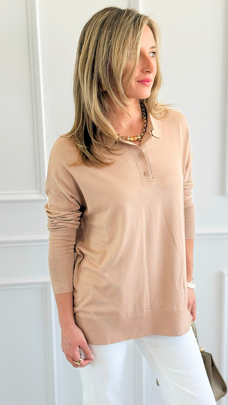 Polished Collar Knit Polo Top - Taupe-130 Long Sleeve Tops-ROUSSEAU-Coastal Bloom Boutique, find the trendiest versions of the popular styles and looks Located in Indialantic, FL