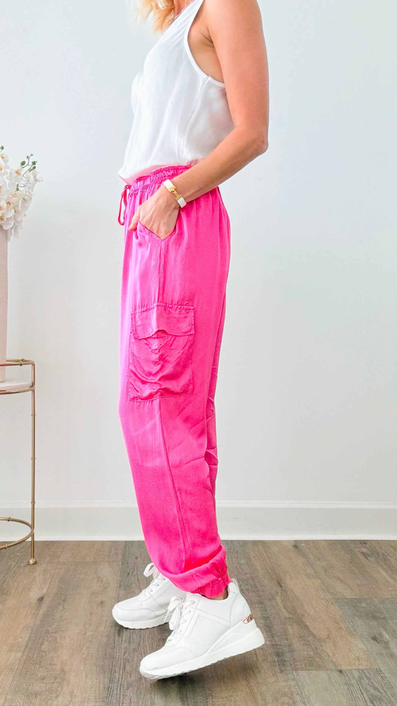 Luxe Look Italian Cargo Joggers - Fuchsia-170 Bottoms-Italianissimo-Coastal Bloom Boutique, find the trendiest versions of the popular styles and looks Located in Indialantic, FL