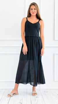 Breezy Stroll Italian Midi Dress- Black-200 Dresses/Jumpsuits/Rompers-Italianissimo-Coastal Bloom Boutique, find the trendiest versions of the popular styles and looks Located in Indialantic, FL