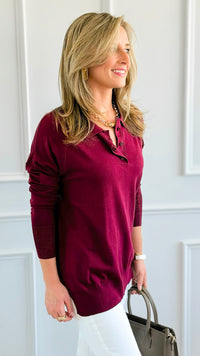 Polished Collar Knit Polo Top - Burgundy-130 Long Sleeve Tops-ROUSSEAU-Coastal Bloom Boutique, find the trendiest versions of the popular styles and looks Located in Indialantic, FL