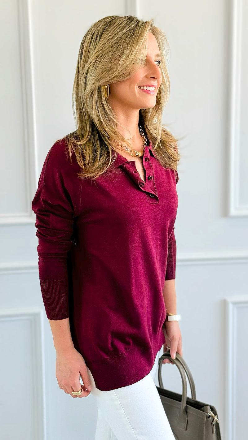 Polished Collar Knit Polo Top - Burgundy-130 Long Sleeve Tops-ROUSSEAU-Coastal Bloom Boutique, find the trendiest versions of the popular styles and looks Located in Indialantic, FL