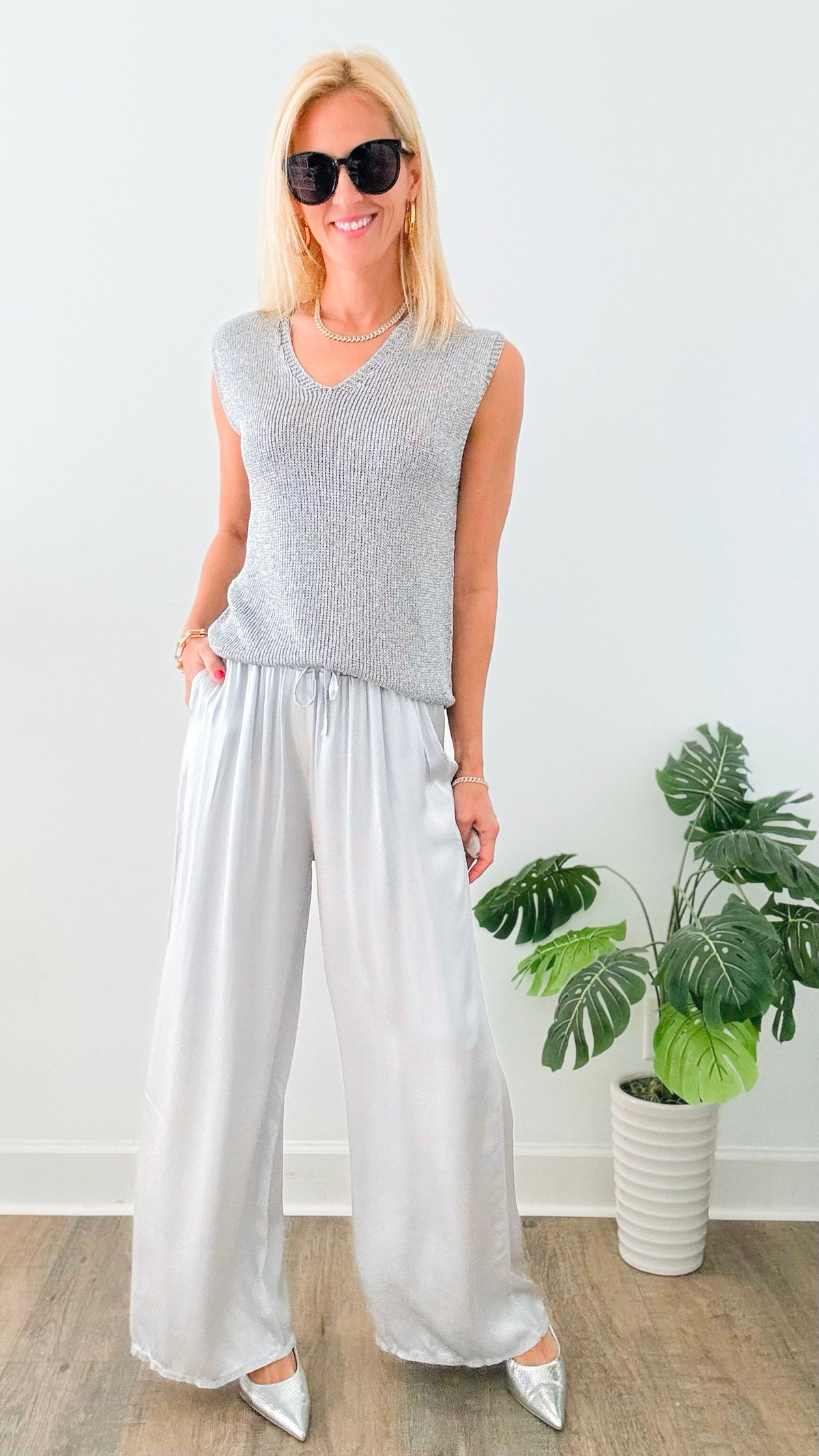 Angora Italian Satin Pant - Silver-170 Bottoms-Germany-Coastal Bloom Boutique, find the trendiest versions of the popular styles and looks Located in Indialantic, FL