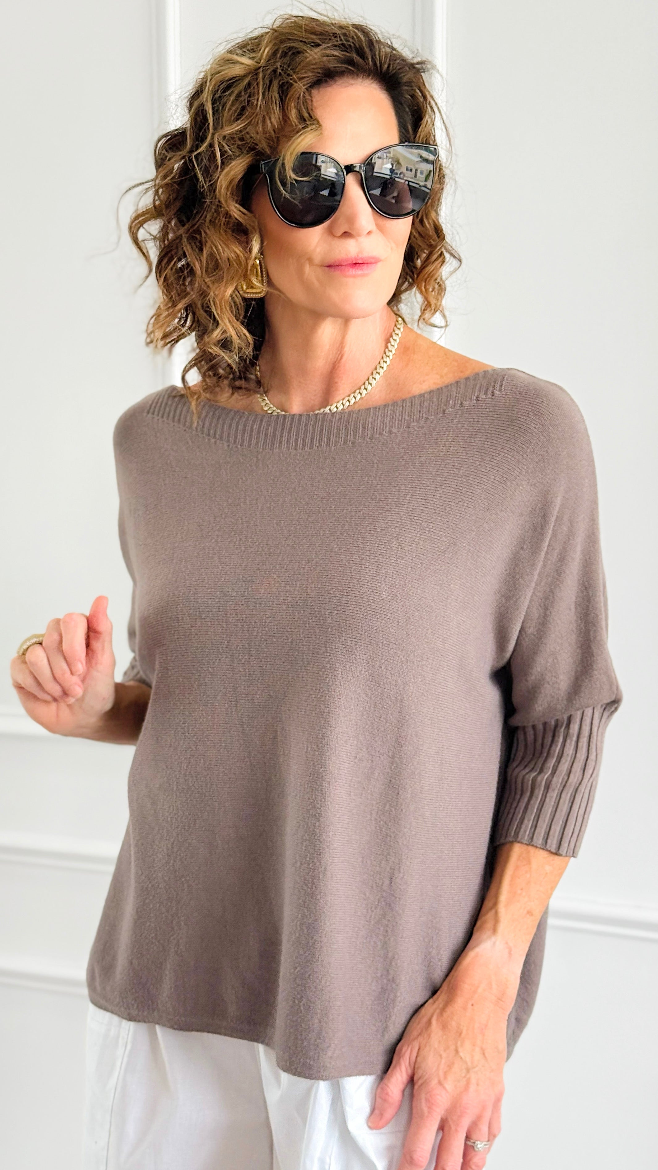 Break Free Round - Neck 3/4 Sleeve Italian Sweater Top - Dk Taupe-140 Sweaters-J.D. PRONTO MODA-Coastal Bloom Boutique, find the trendiest versions of the popular styles and looks Located in Indialantic, FL