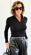 Classic Edge Polo Knit Top - Black-130 Long Sleeve Tops-IRIS-Coastal Bloom Boutique, find the trendiest versions of the popular styles and looks Located in Indialantic, FL