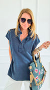 Weekend Ease Washed Collar Top - Navy-110 Short Sleeve Tops-White Birch-Coastal Bloom Boutique, find the trendiest versions of the popular styles and looks Located in Indialantic, FL