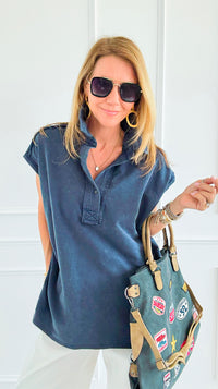 Weekend Ease Washed Collar Top - Navy-110 Short Sleeve Tops-White Birch-Coastal Bloom Boutique, find the trendiest versions of the popular styles and looks Located in Indialantic, FL