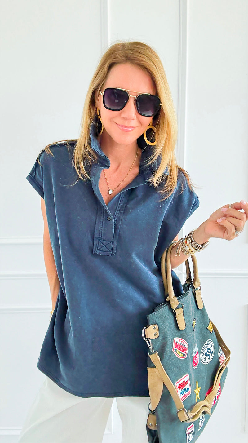 Weekend Ease Washed Collar Top - Navy-110 Short Sleeve Tops-White Birch-Coastal Bloom Boutique, find the trendiest versions of the popular styles and looks Located in Indialantic, FL
