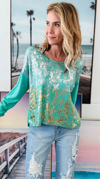 Gold and Silver Foil Italian Sweater - Aqua-140 Sweaters-moda italia-Coastal Bloom Boutique, find the trendiest versions of the popular styles and looks Located in Indialantic, FL