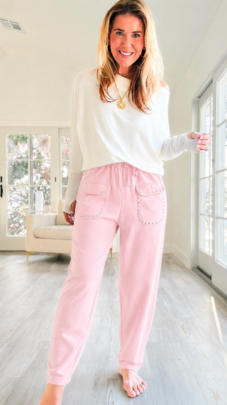 Studded Pocket Italian Jogger Pant - Lt Pink