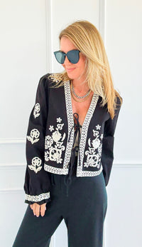 Embroidery Detail Front Tie Long Sleeve Jacket-160 Jackets-Blu Pepper-Coastal Bloom Boutique, find the trendiest versions of the popular styles and looks Located in Indialantic, FL