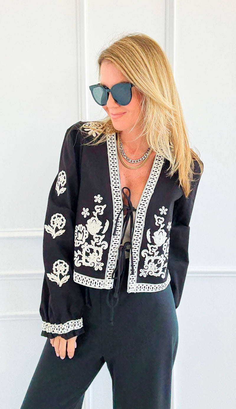 Embroidery Detail Front Tie Long Sleeve Jacket-160 Jackets-Blu Pepper-Coastal Bloom Boutique, find the trendiest versions of the popular styles and looks Located in Indialantic, FL