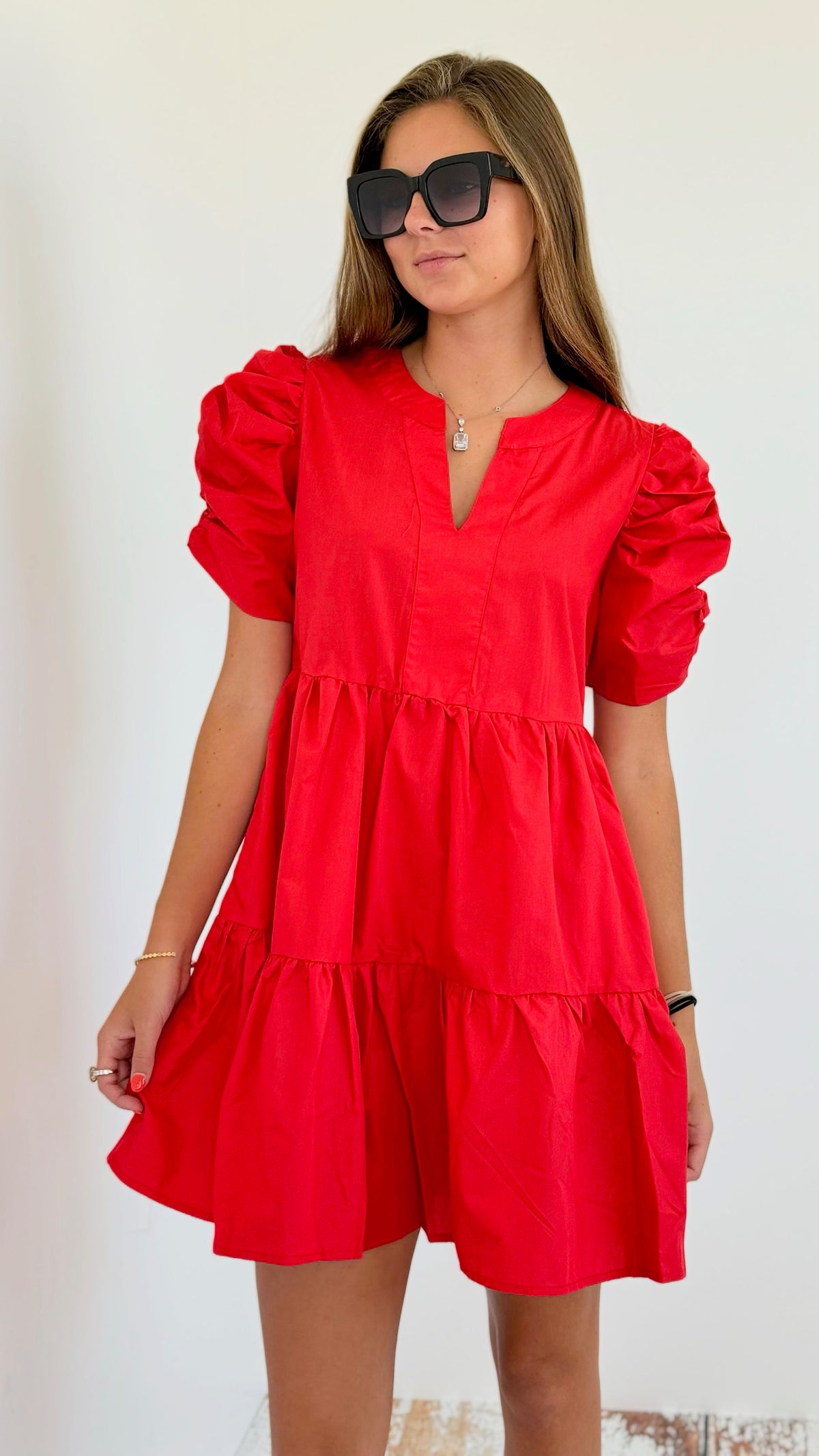 Tiered Short Sleeved Dress- Red-200 dresses/jumpsuits/rompers-SO ME-Coastal Bloom Boutique, find the trendiest versions of the popular styles and looks Located in Indialantic, FL