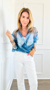 Denim Print Buttoned Down Sheer Blouse-130 Long Sleeve Tops-LA' ROS-Coastal Bloom Boutique, find the trendiest versions of the popular styles and looks Located in Indialantic, FL